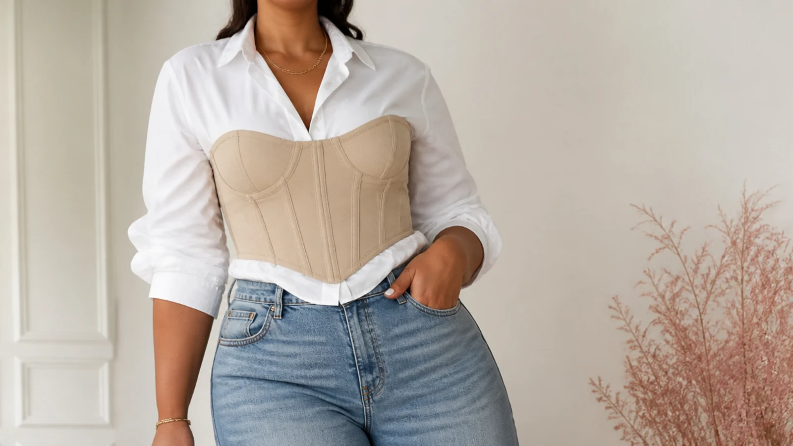 Faceless waist-up shot of a plus size corset top worn over a crisp white button-down shirt with jeans