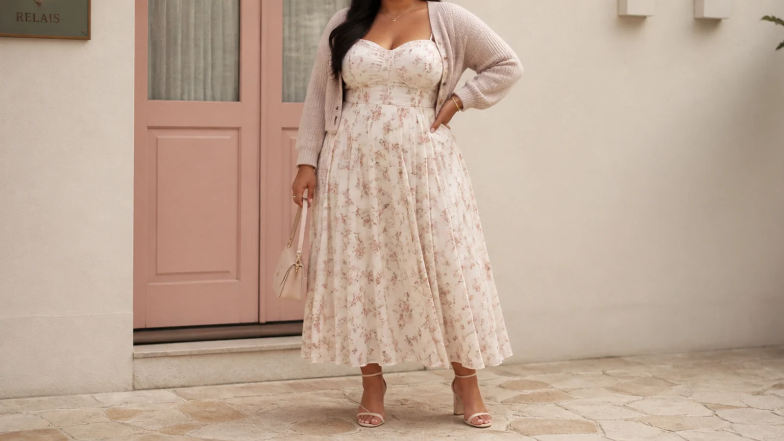 Faceless full-length shot of a plus size corset dress with a cropped knit cardigan and heeled sandals
