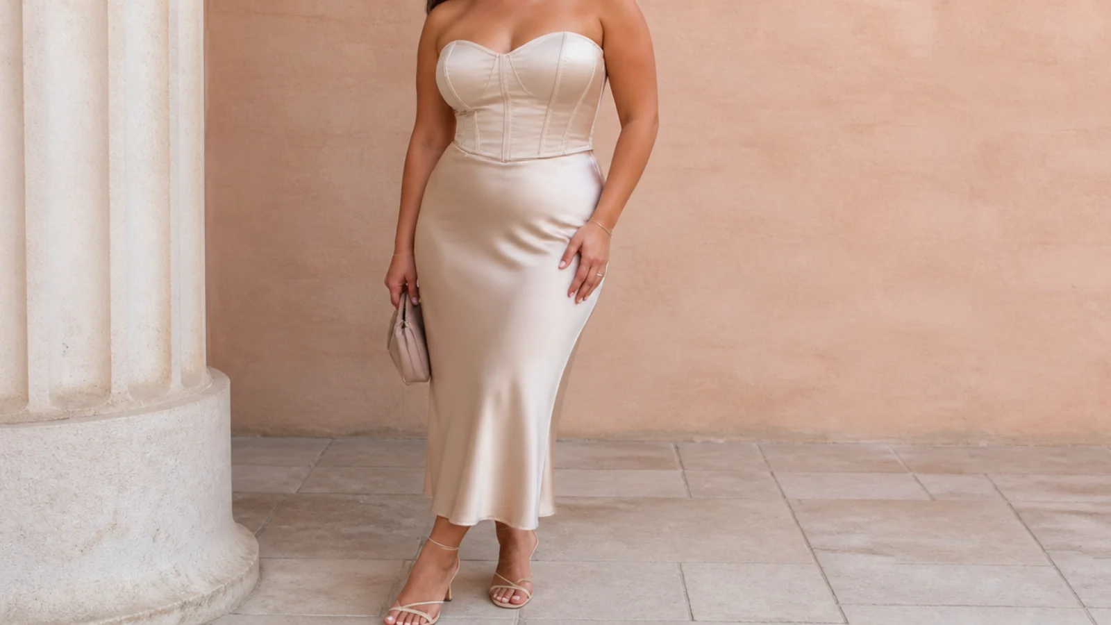 Faceless full-length shot of a plus size corset top with a champagne satin bias-cut midi skirt and heels