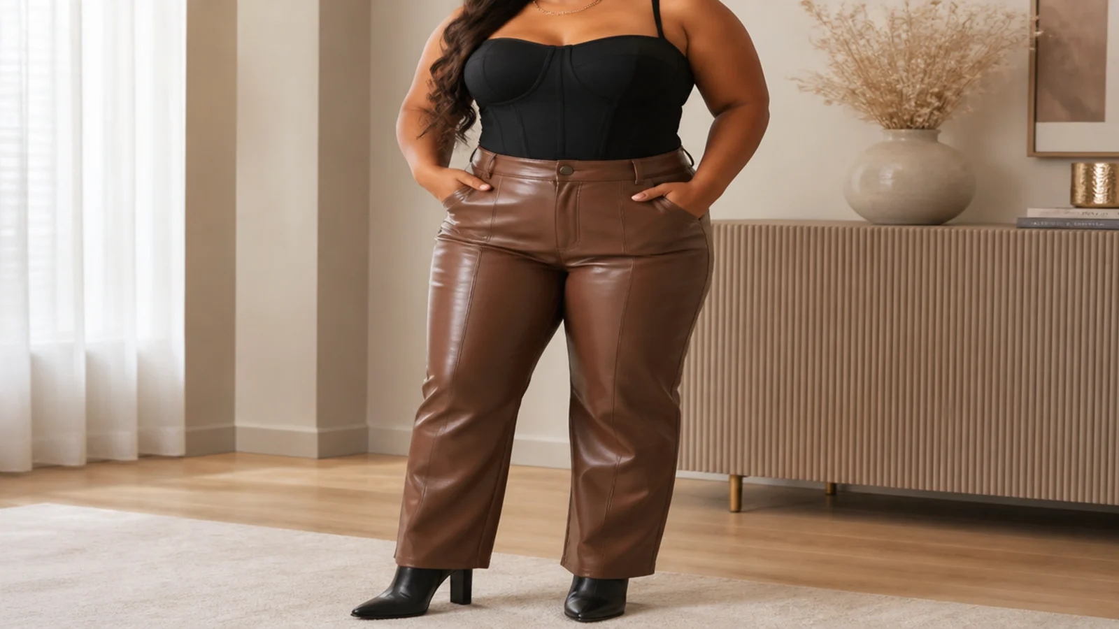 Faceless waist-up shot of a black plus size corset top with high-waisted faux-leather straight-leg pants and heeled boots