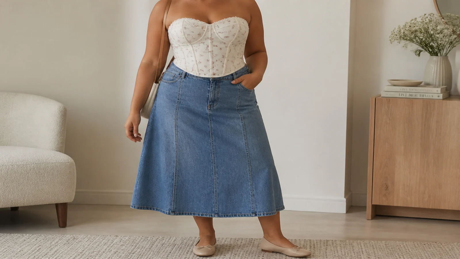 Faceless waist-up shot of a plus size corset top with a high-waisted A-line midi denim skirt and ballet flats