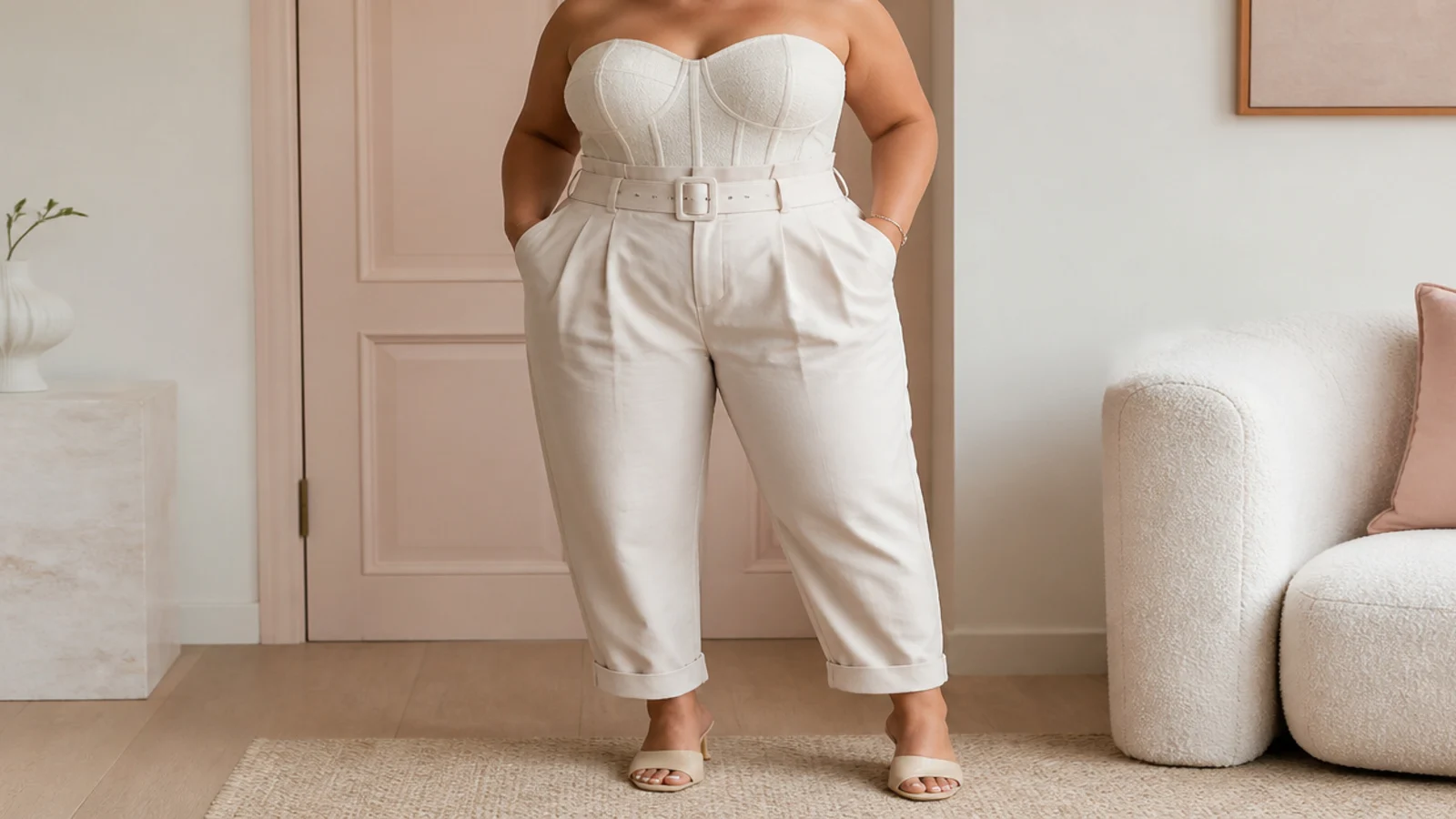 Faceless outfit with a plus size corset top tucked over high-waisted belted paperbag trousers and mules