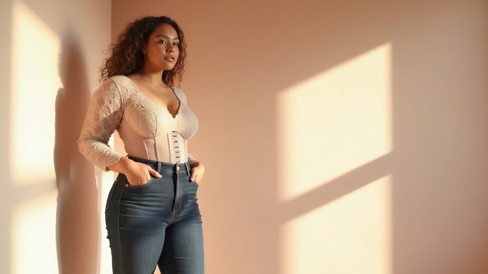 Faceless full-length shot of a plus size lace corset top with dark-wash bootcut jeans and heeled boots