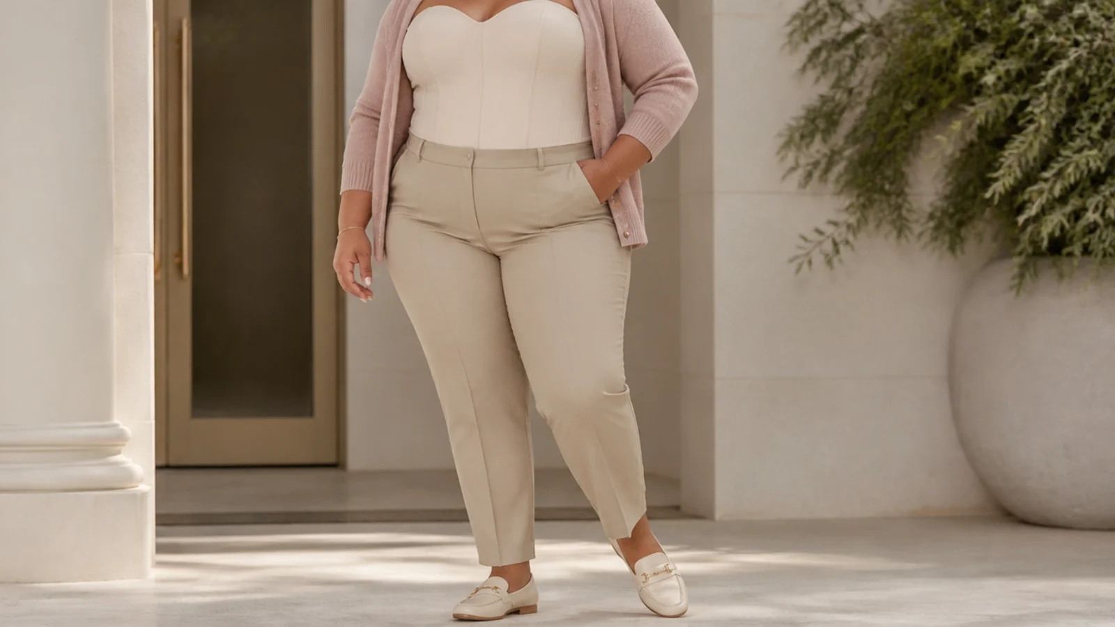 Faceless outfit with a plus size corset top under a fine-knit cardigan with slim ponte cigarette trousers and loafers