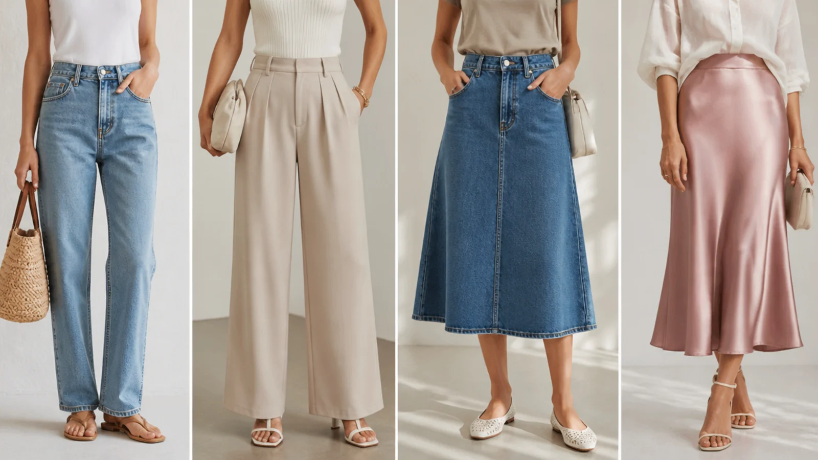 Faceless flat-lay of high-waisted straight jeans, wide-leg trousers, an A-line denim skirt and a satin midi skirt