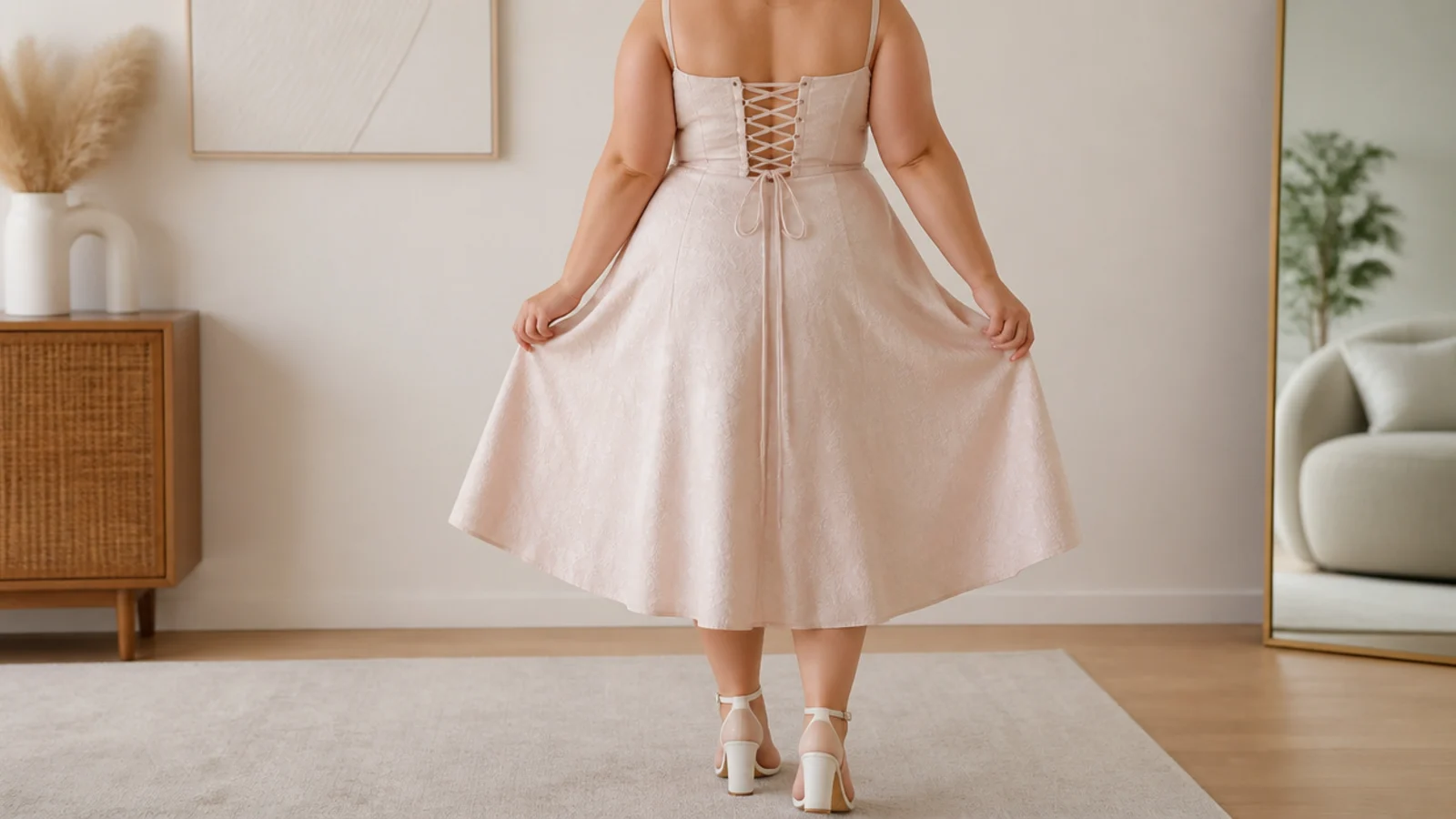 Faceless close-up of a laced plus size corset back showing a small even parallel gap between the panels