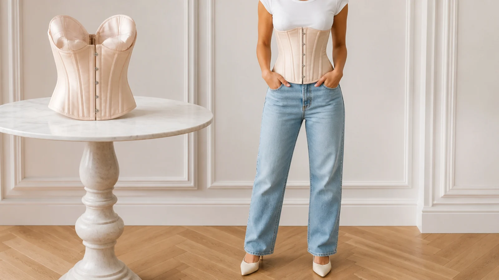 Faceless comparison of a gaping overbust corset cup beside a fitted corset worn over a smooth tee