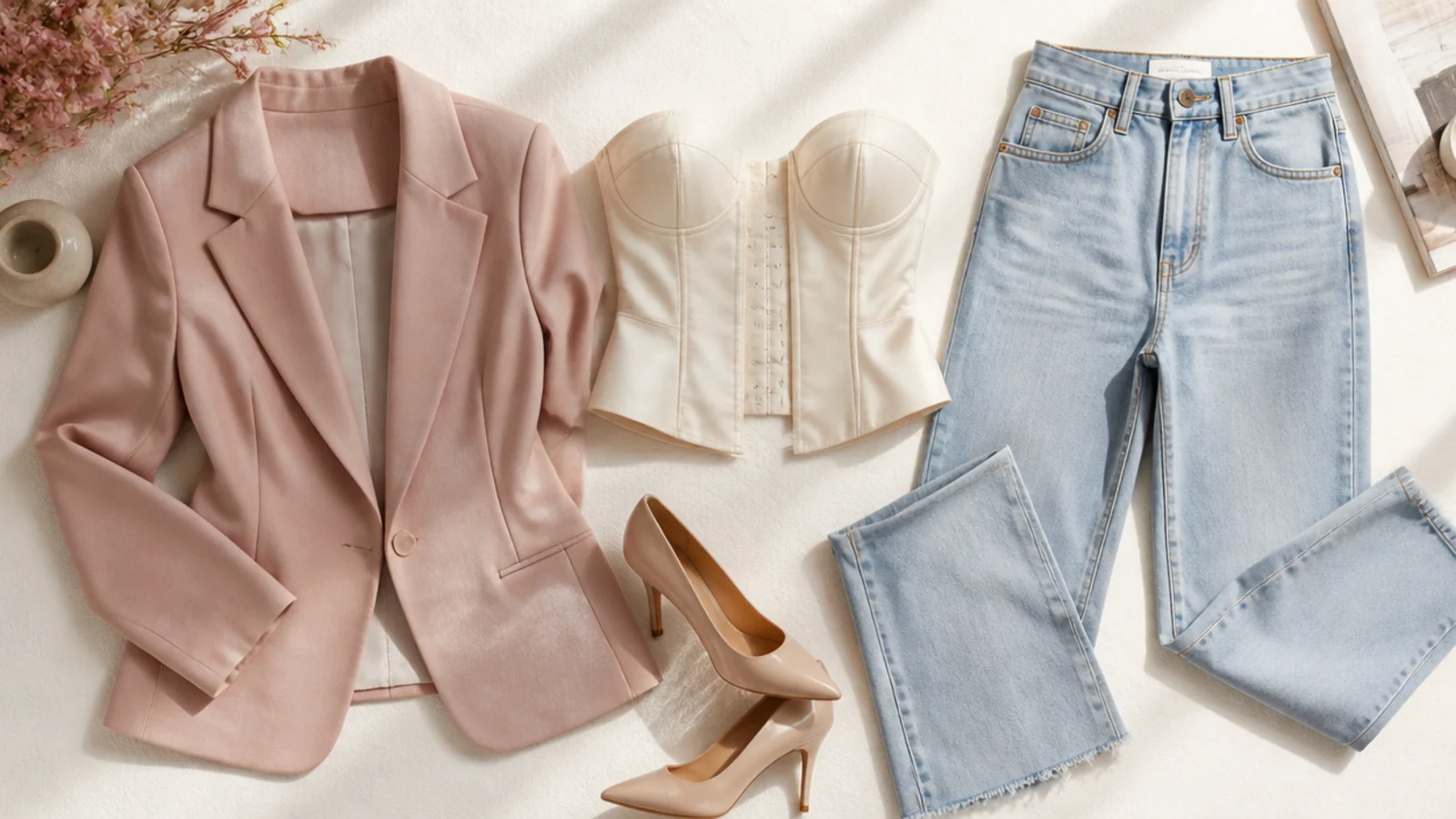 Faceless flat-lay of a plus size corset top with an adjustable back panel beside high-waisted jeans and a blazer