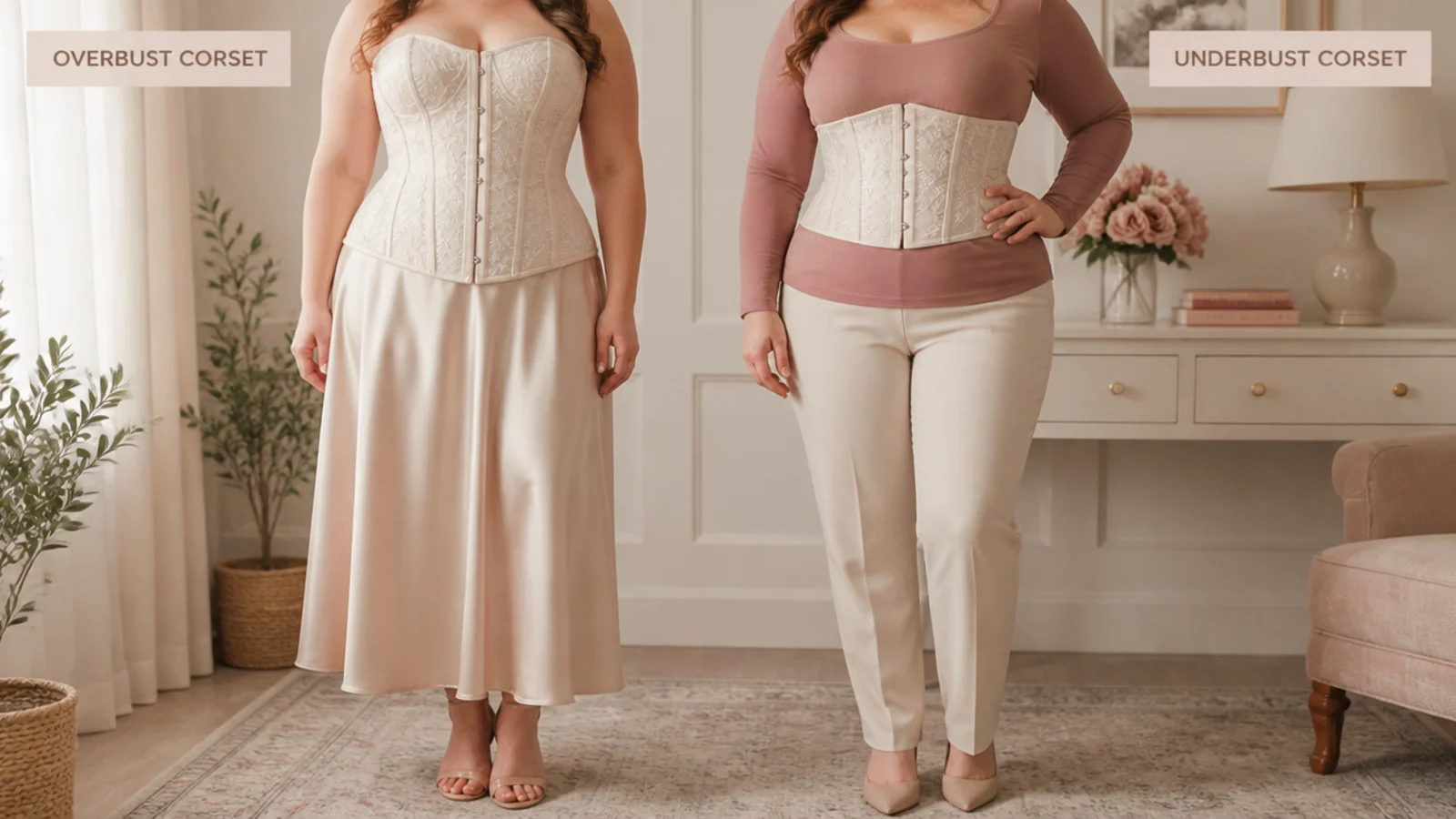 Faceless comparison of an overbust plus size corset beside an underbust corset worn over a fitted top