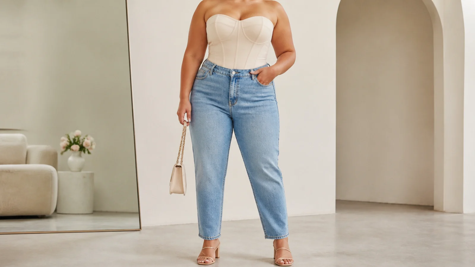 Faceless plus size corset outfit with a structured corset top, high-waisted jeans and heeled sandals