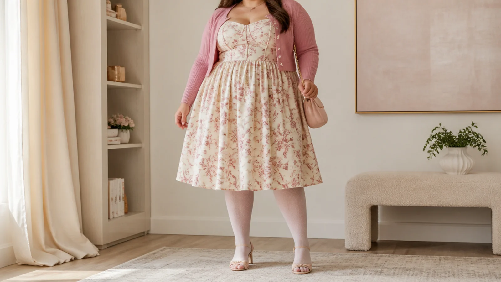 Faceless full-length shot of a plus size corset dress styled with a cropped cardigan, tights and heeled sandals