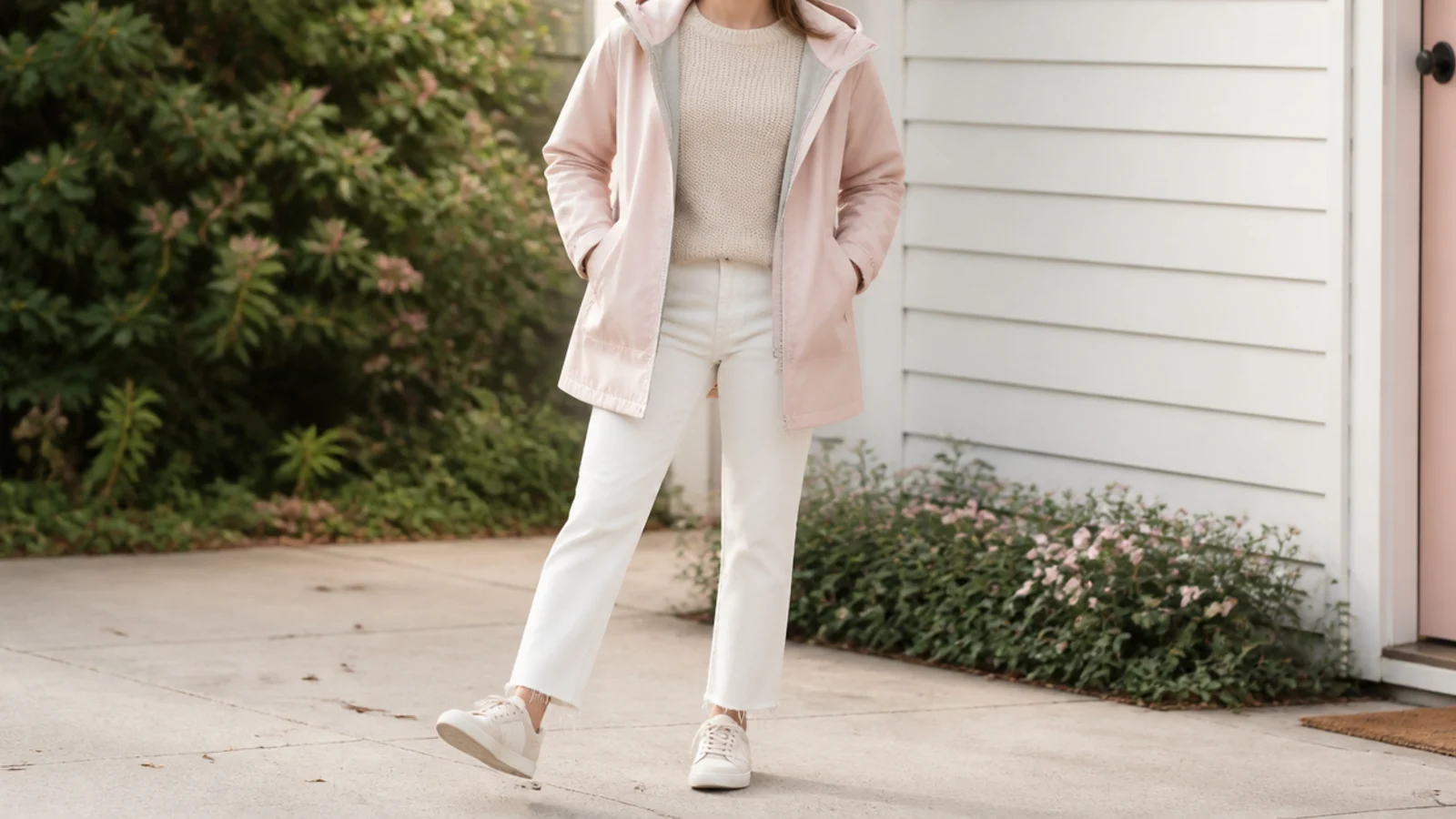 Faceless outfit with a hooded waterproof rain shell over a knit, cropped jeans and waterproof sneakers