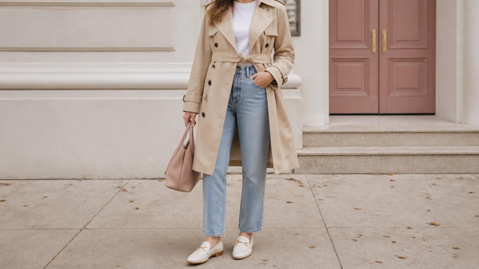 Faceless outfit with a belted beige double-breasted trench coat over a white tee, straight jeans and loafers
