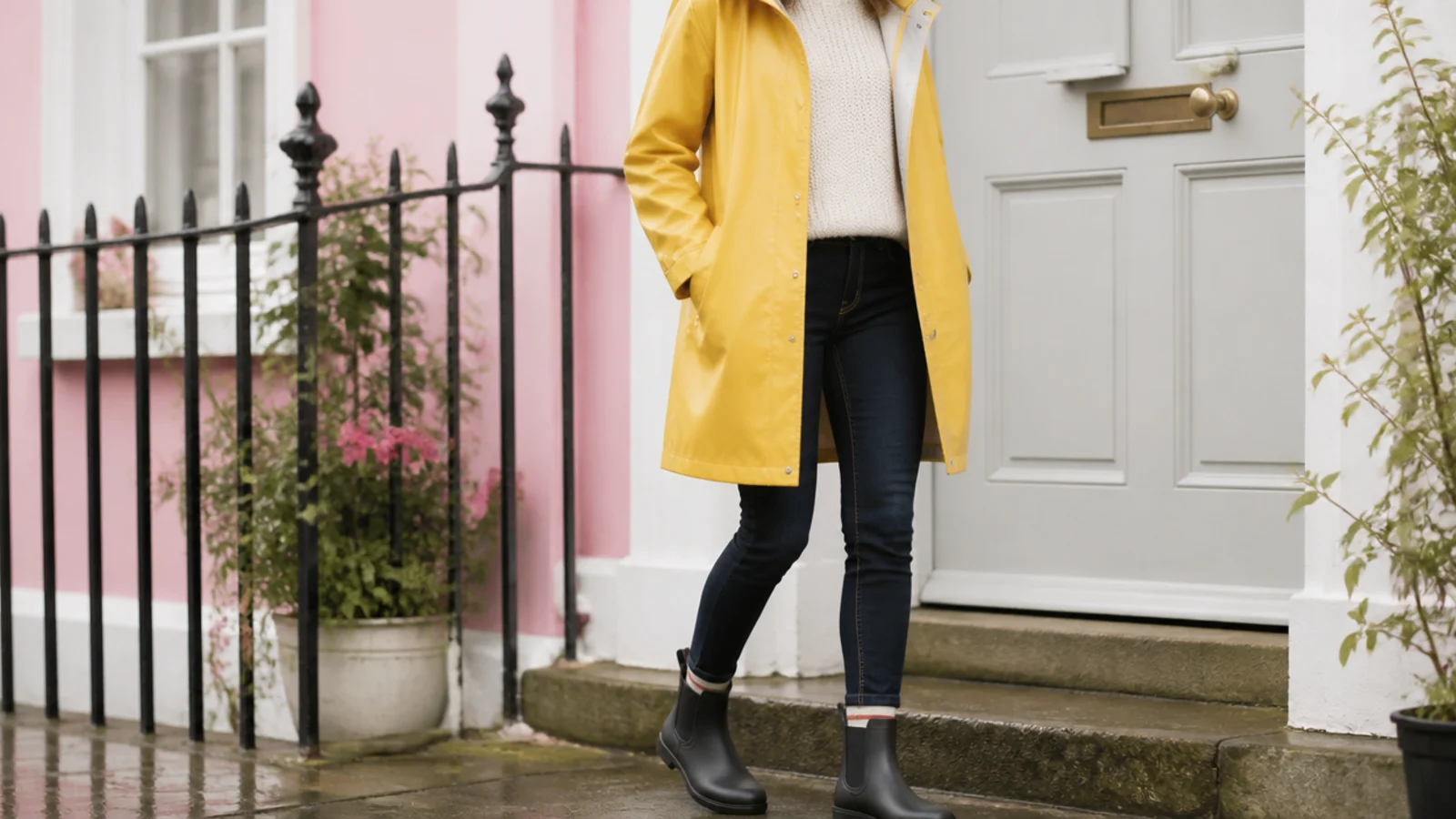 Faceless outfit with a glossy single-breasted yellow raincoat, a knit, dark jeans and rubber Chelsea boots