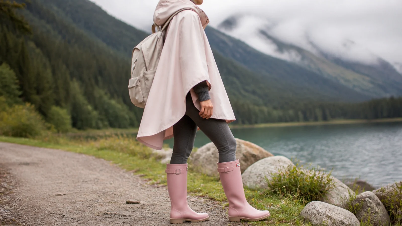 Faceless outfit with a hooded waterproof cape-style rain poncho over a backpack, leggings and rain boots