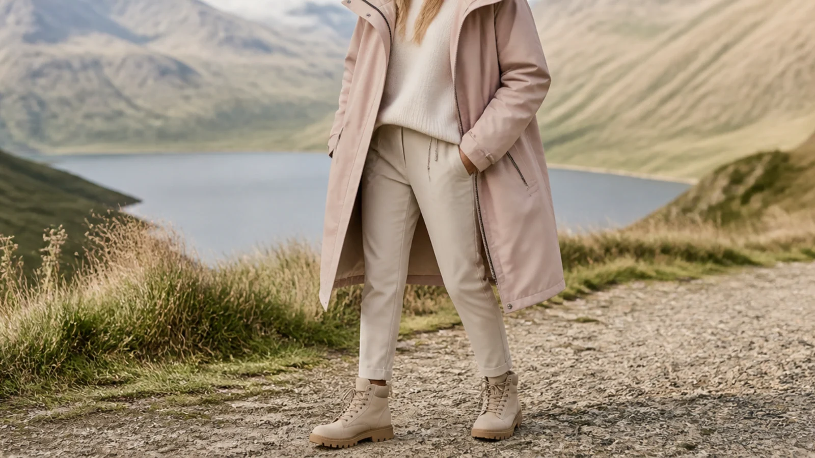 Faceless outfit with a longline hooded waterproof parka, a knit, quick-dry trousers and lug-sole boots
