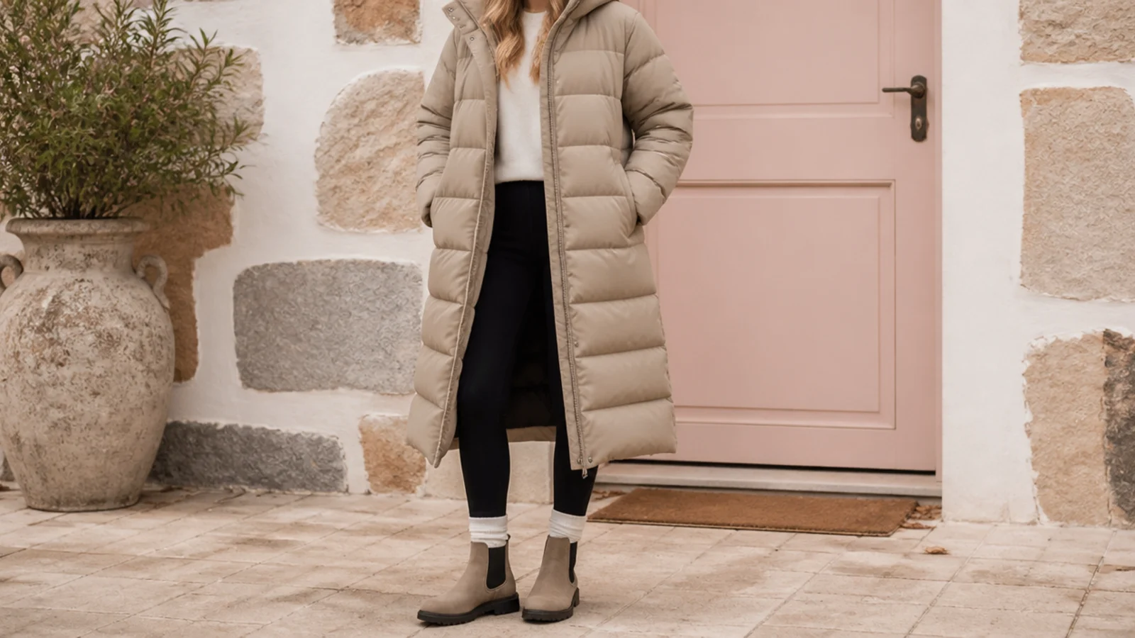 Faceless outfit with a longline synthetic-fill waterproof puffer, leggings and waterproof Chelsea boots