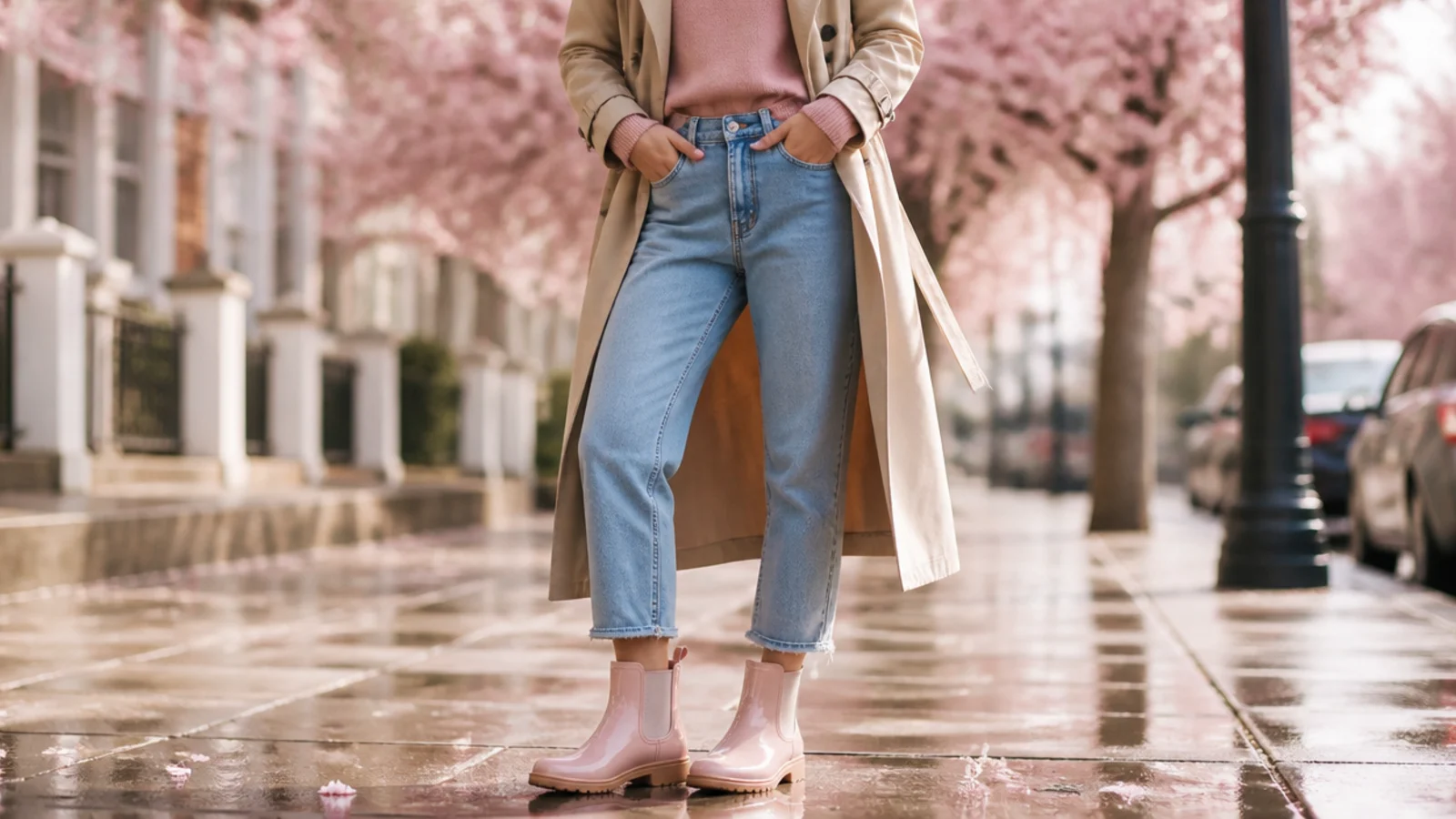 Faceless outfit with short glossy rubber rain boots, cropped jeans tucked at the ankle and a trench