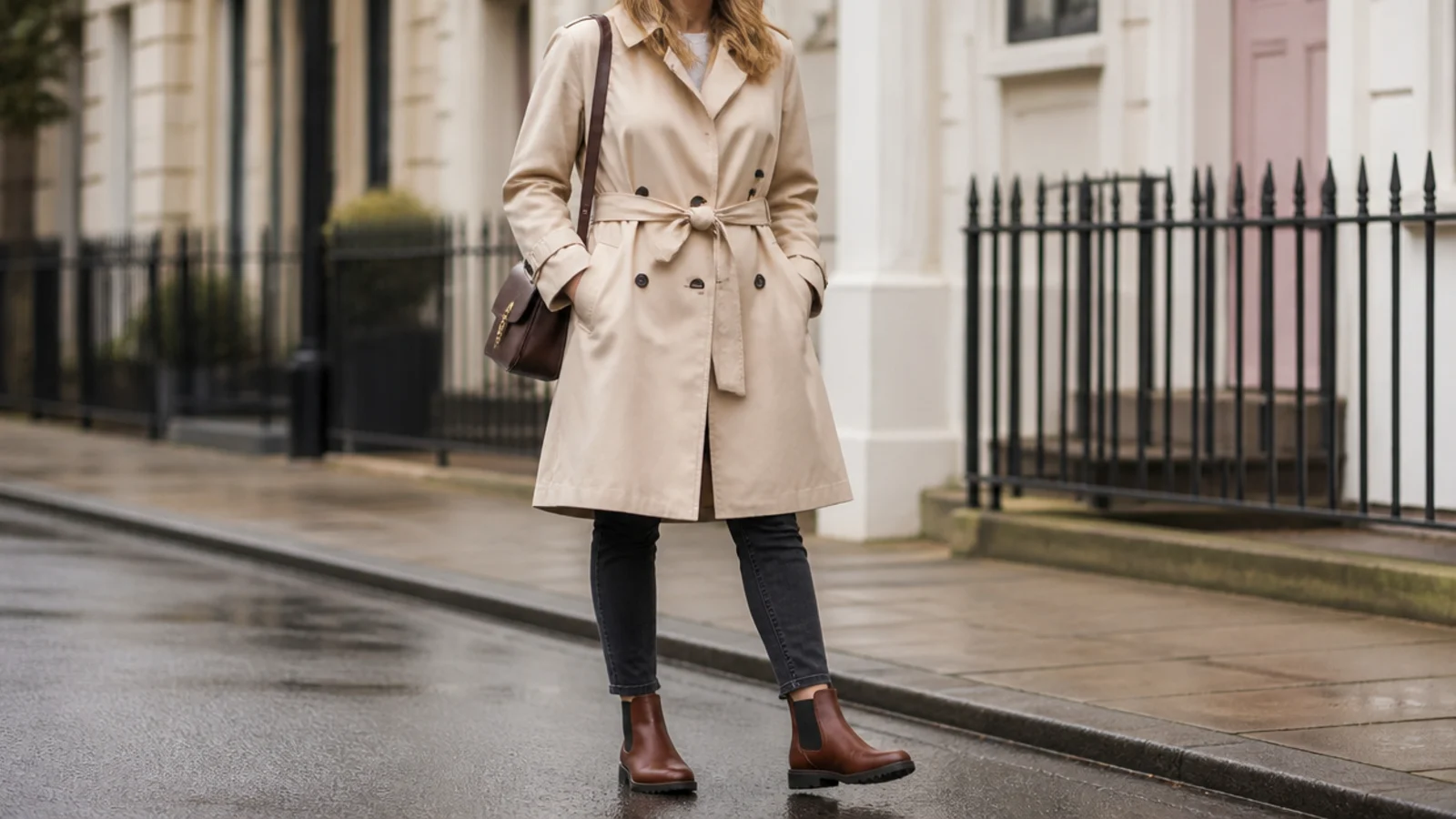 Faceless outfit with rubber-soled waterproof Chelsea boots, dark skinny jeans and a belted mac