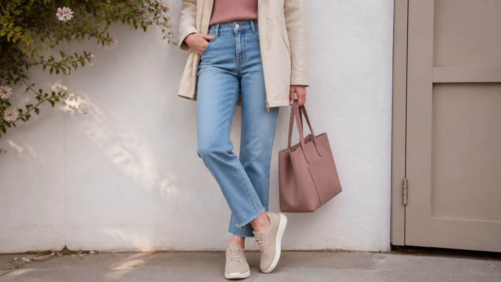 Faceless outfit with knit waterproof sneakers, cropped straight jeans and a hooded rain shell