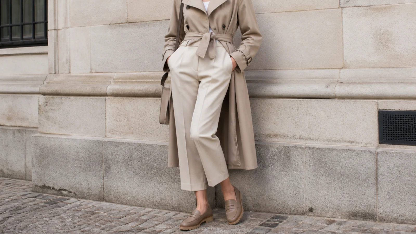 Faceless outfit with rubber-soled waterproof penny loafers, cropped trousers and a belted trench