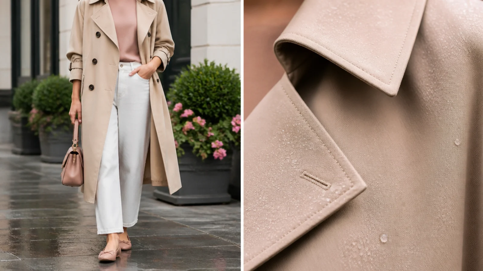 Faceless close-up of rain beading on gabardine trench fabric with the open collar and untaped seams visible
