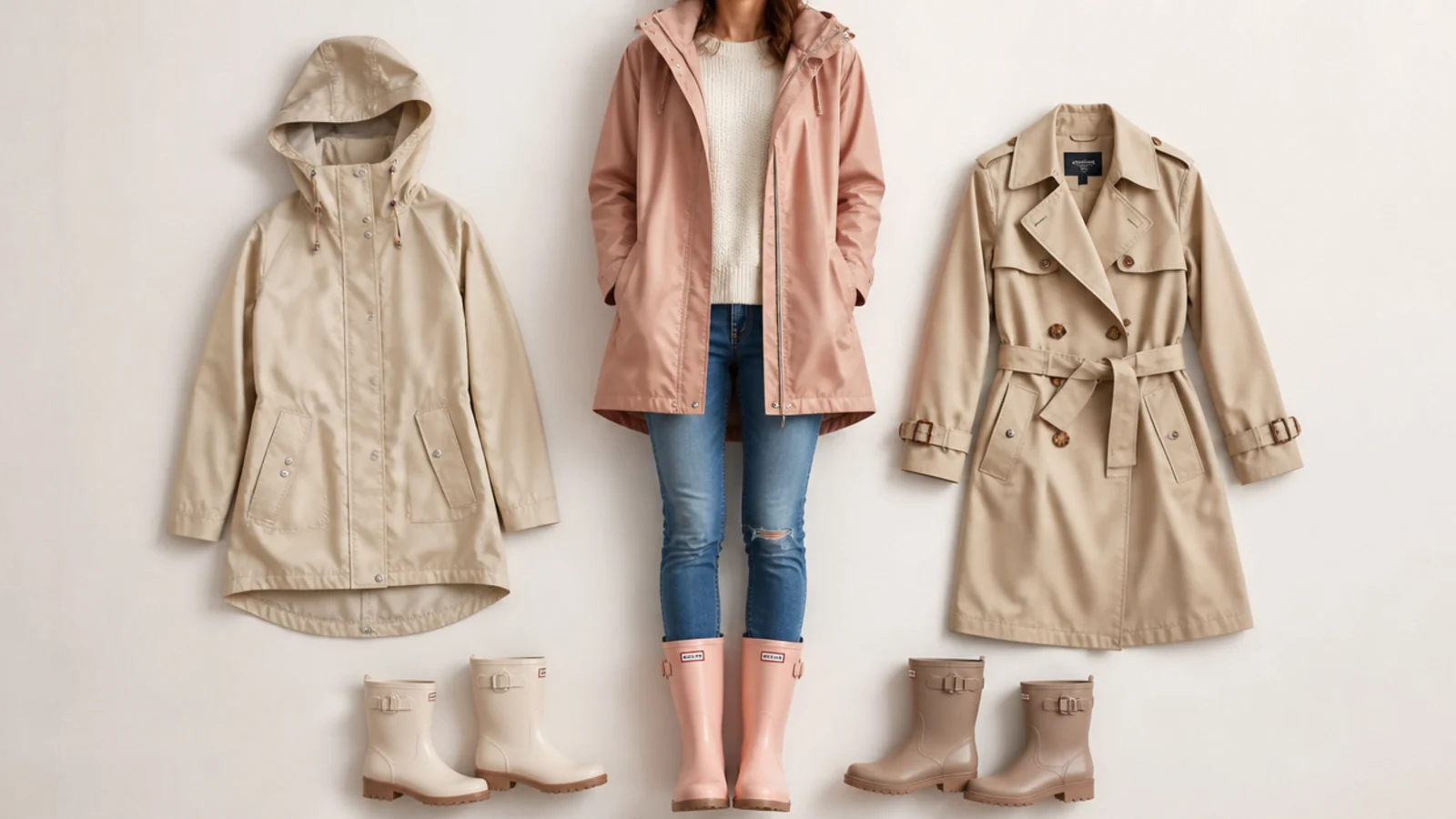 Faceless flat-lay of rain-ready staples compared, from waterproof rain jacket to trench coat to rain boots