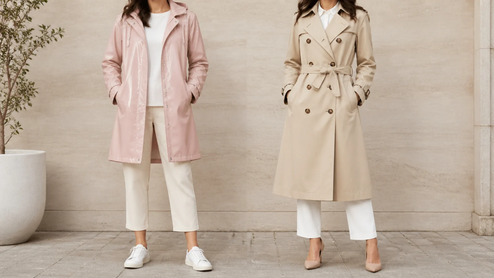 Faceless comparison of a glossy single-breasted hooded raincoat beside a belted double-breasted trench coat