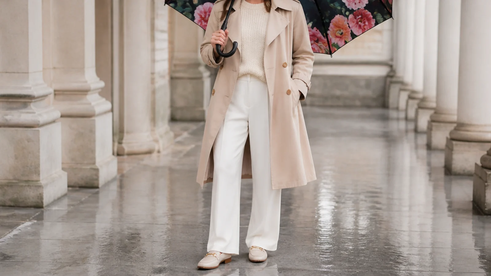 Faceless outfit holding a black umbrella with a bright floral-printed underside over a neutral rain outfit