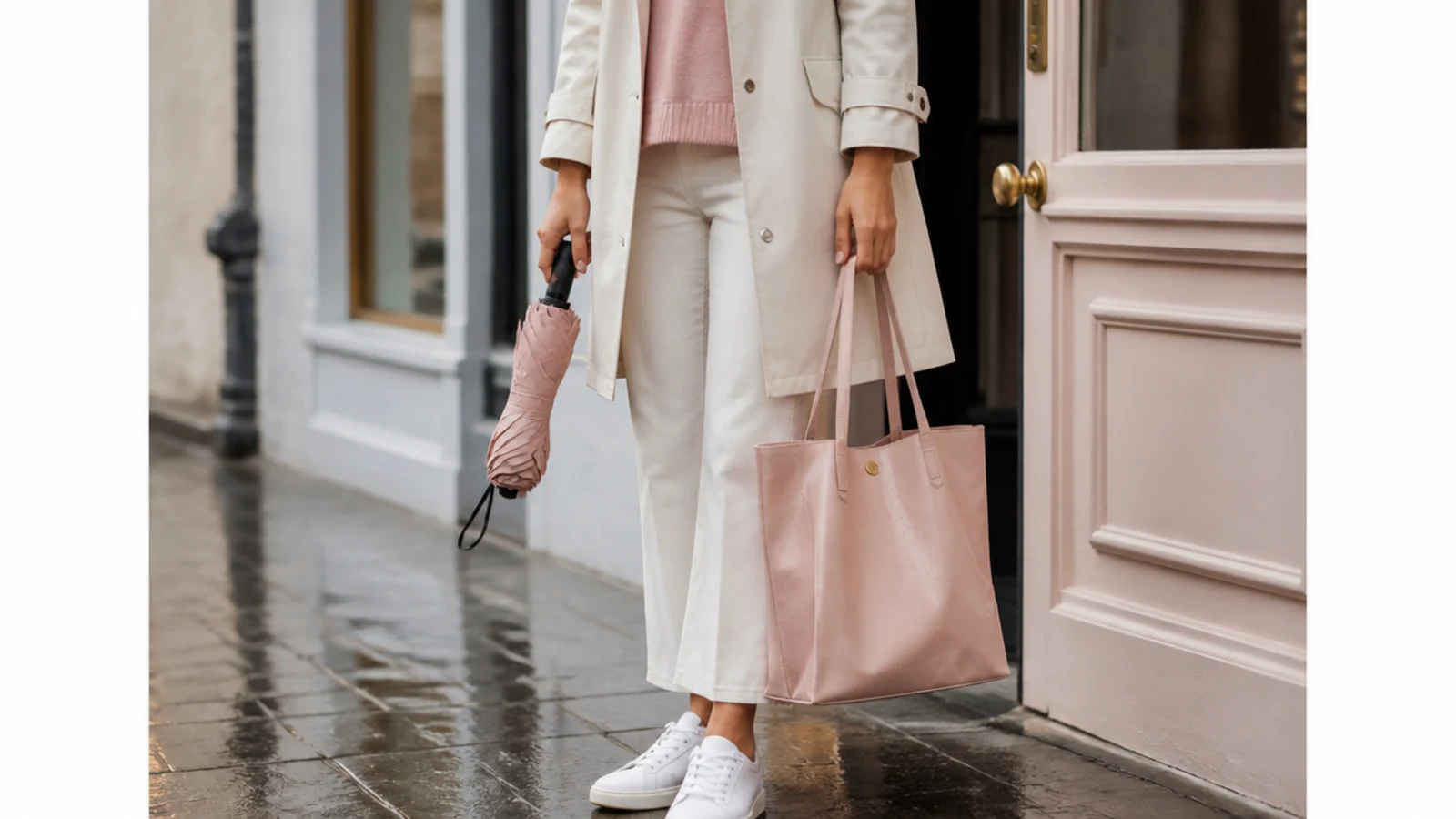 Faceless hand holding a small folding travel umbrella beside a waterproof tote bag in light rain