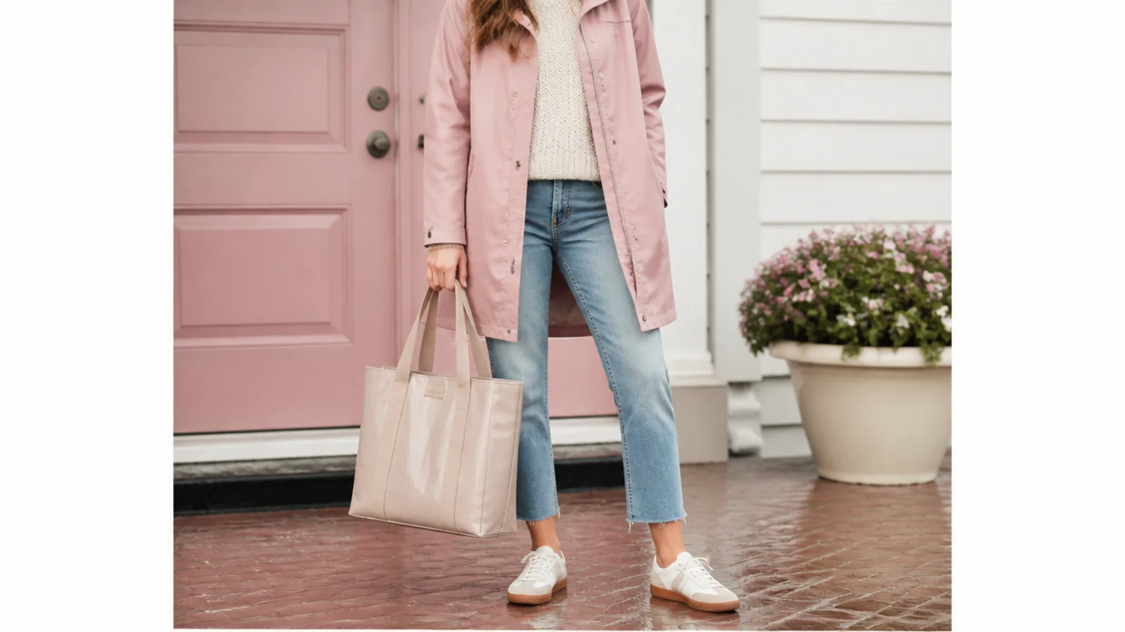 Faceless outfit carrying a structured vinyl-coated waterproof tote over a rain shell and cropped jeans