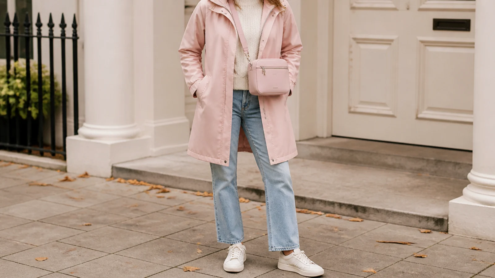 Faceless outfit wearing a small coated waterproof crossbody bag over a rain jacket with the strap across the body