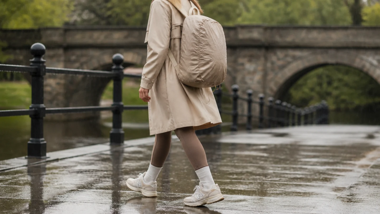 Faceless outfit wearing a coated canvas backpack with a pull-over rain cover in steady rain
