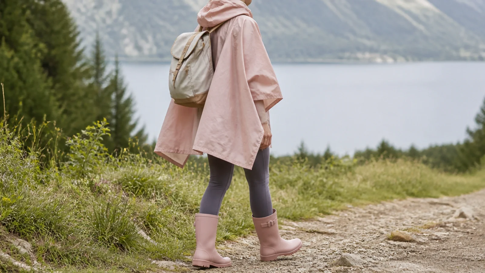 Faceless outfit in a hooded ripstop rain poncho thrown over a backpack with leggings and rain boots
