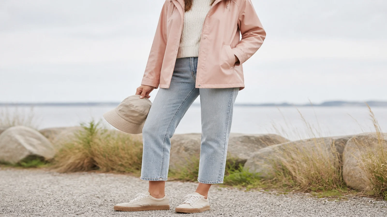 Faceless outfit in a coated water-repellent bucket hat with a rain shell and cropped jeans