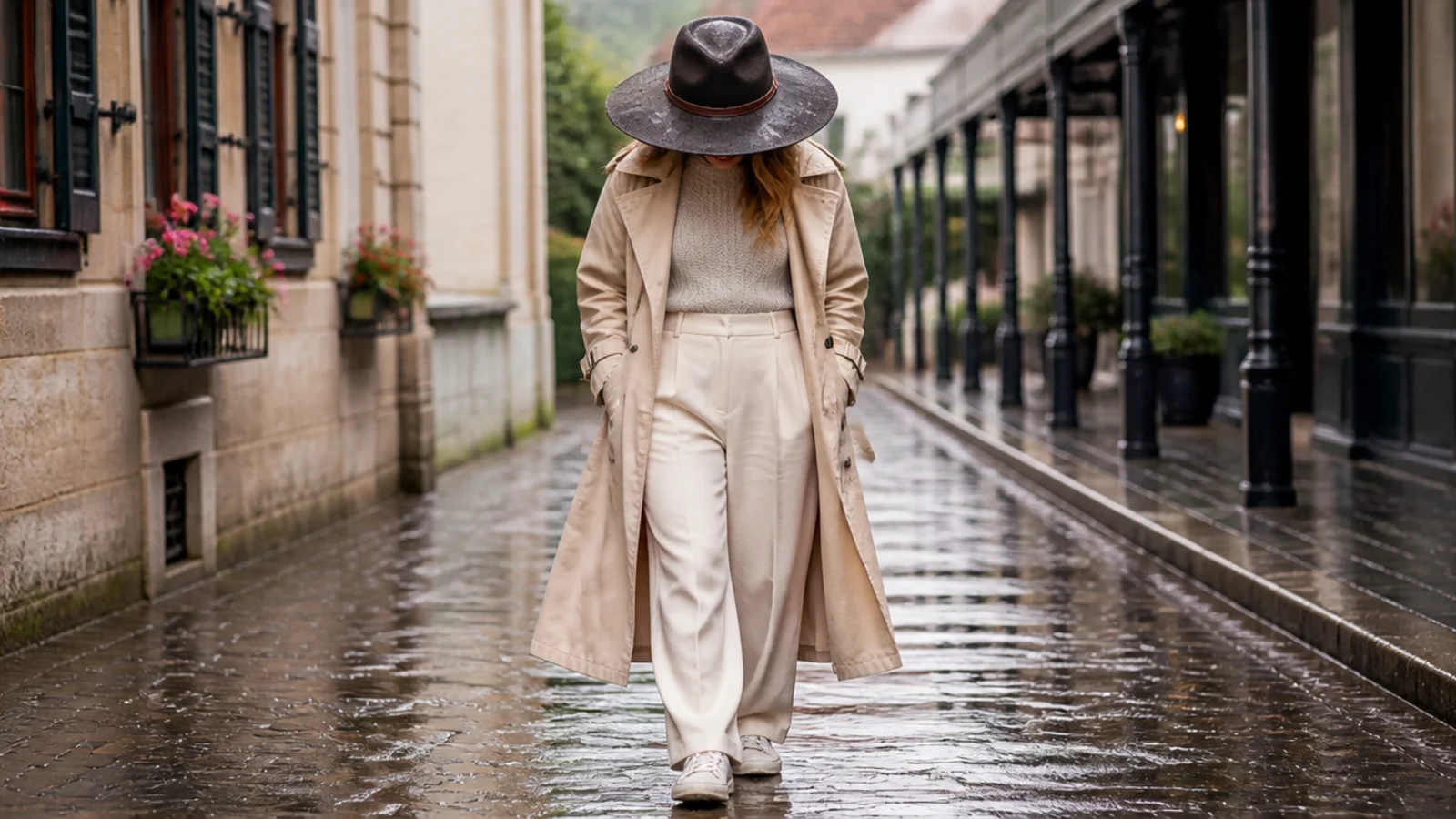 Faceless outfit in a wide-brim waxed cotton rain hat over a trench coat in steady rain