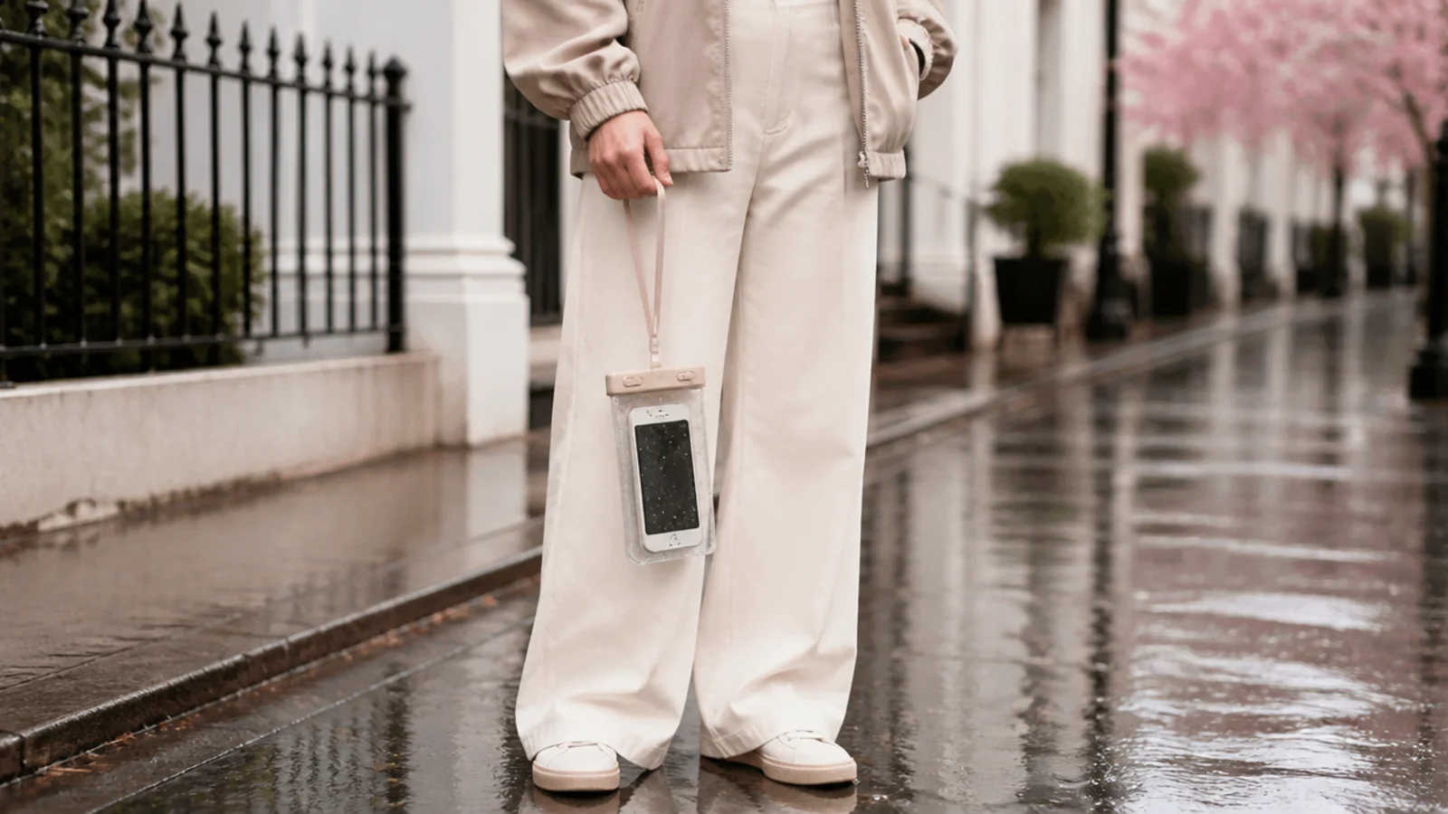 Faceless hand holding a sealed clear waterproof phone pouch on a lanyard in the rain
