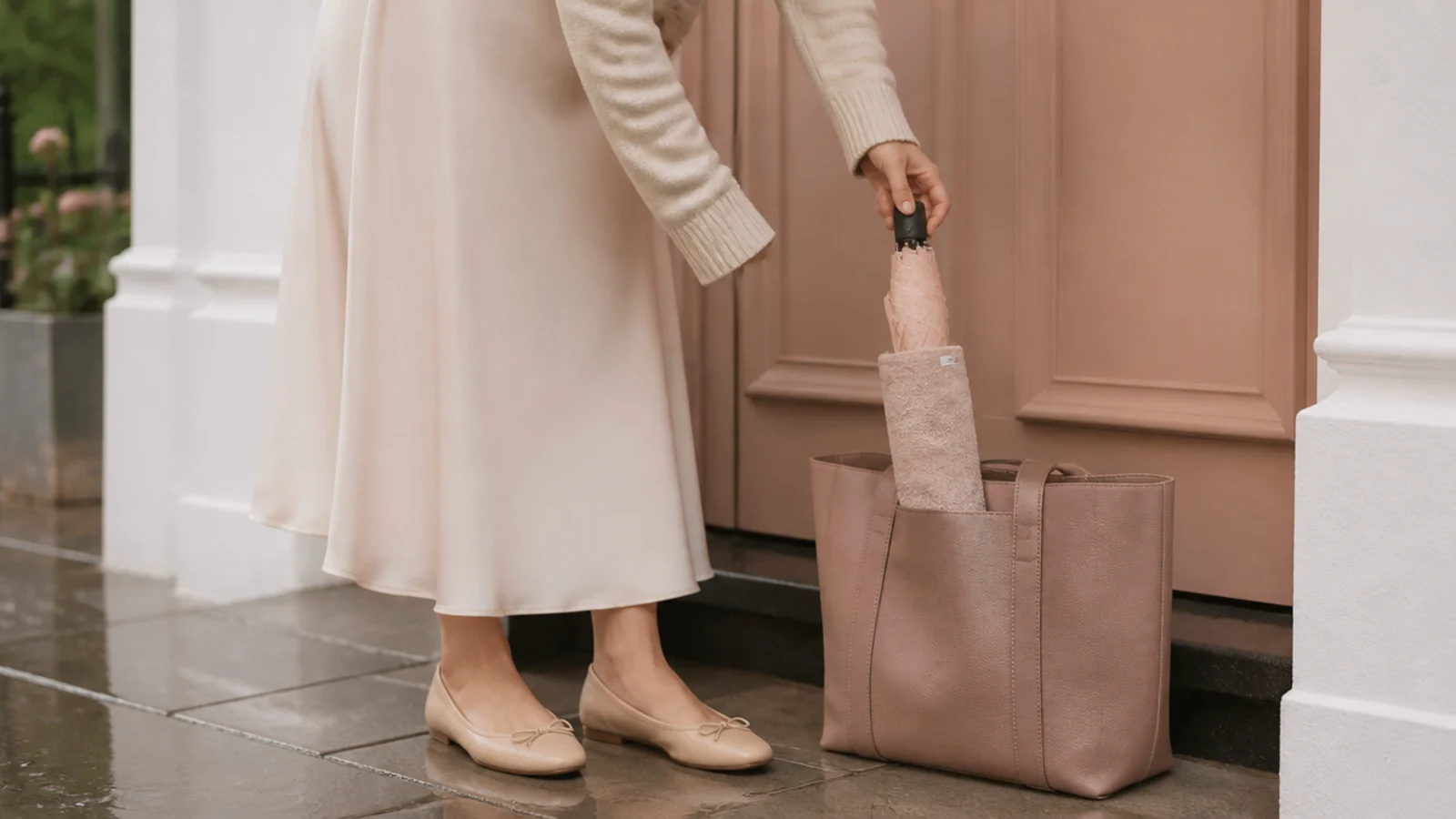 Faceless hand sliding a wet folding umbrella into an absorbent microfiber sleeve beside a tote bag
