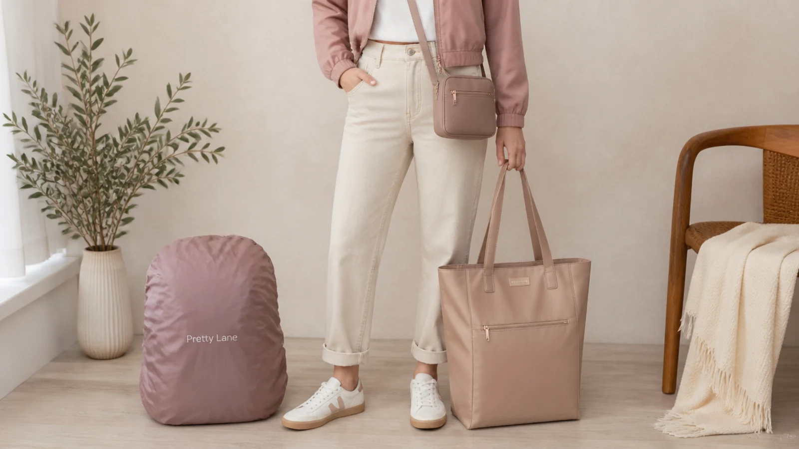 Faceless flat-lay comparing a vinyl-coated waterproof tote, a coated crossbody and a backpack with a rain cover