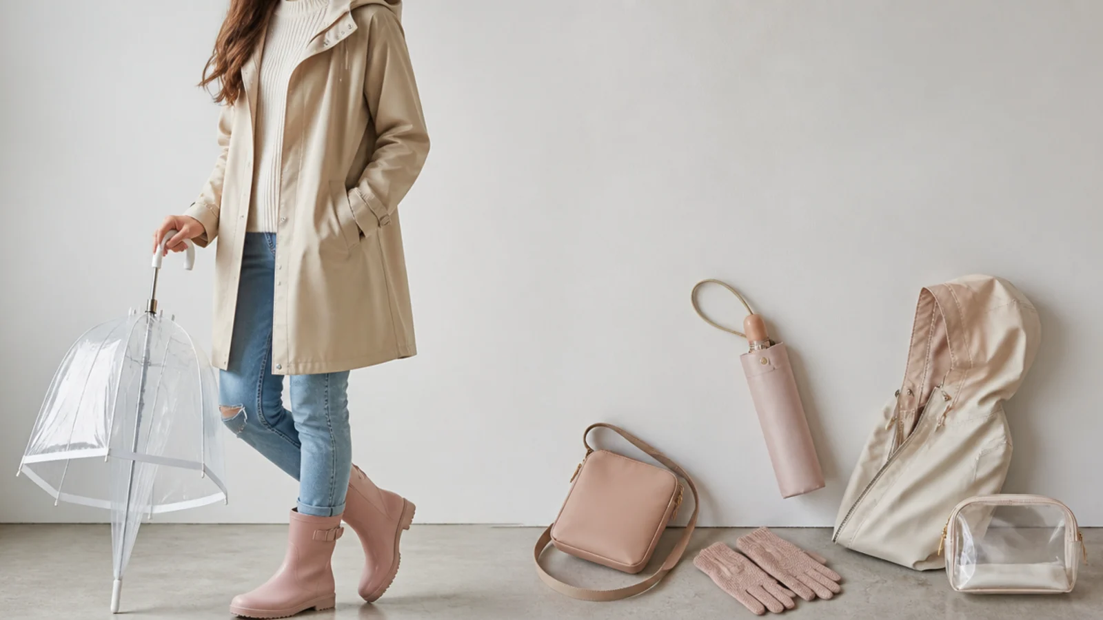 Faceless flat-lay of rainy day accessories that keep you dry, from a clear dome umbrella to a waterproof crossbody bag