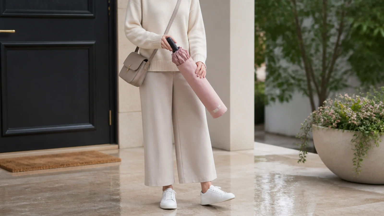 Faceless outfit sliding a wet folding umbrella into an absorbent sleeve while a crossbody bag keeps both hands free