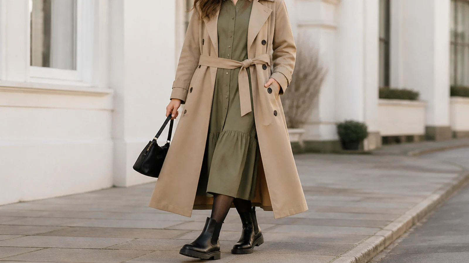 Faceless outfit with a khaki midi shirt dress under a belted trench coat, opaque tights and Chelsea boots