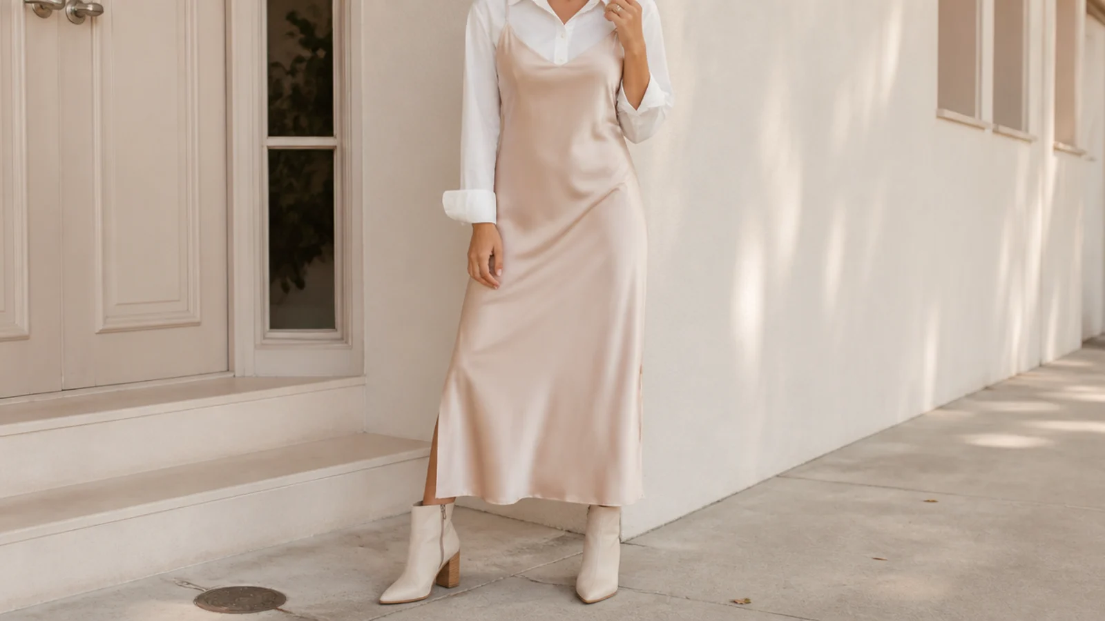 Faceless outfit with a satin-look slip dress layered over a white button-down shirt with ankle boots