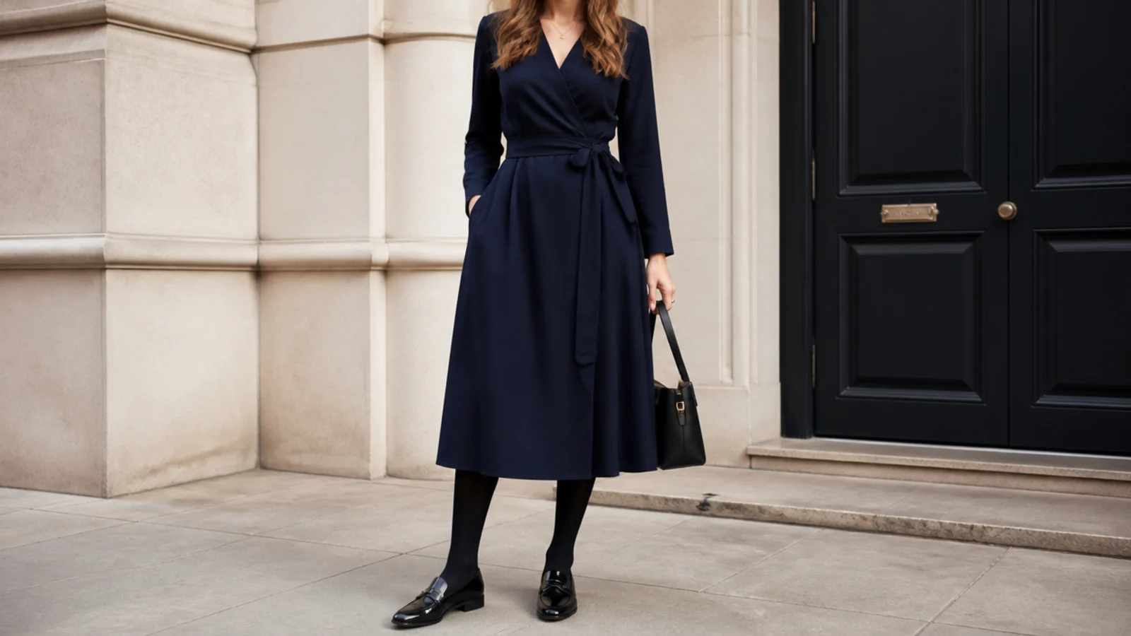 Faceless outfit with a navy jersey wrap dress, opaque black tights and waterproof loafers
