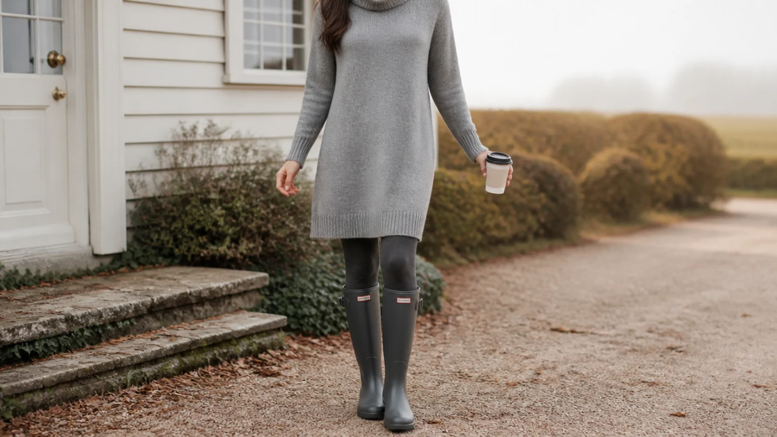 Faceless outfit with a gray merino sweater dress, fleece-lined tights and knee-high rubber boots