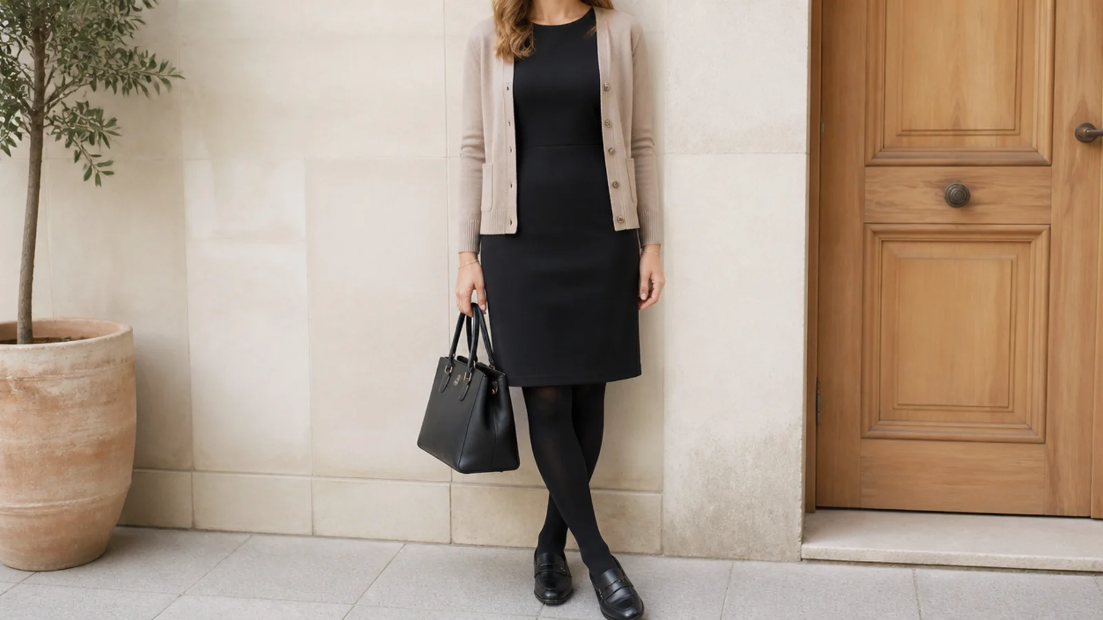 Faceless workwear outfit with a black ponte sheath dress, opaque tights and black waterproof loafers