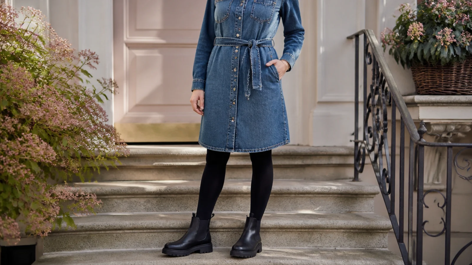Faceless outfit with a mid-wash denim shirt dress, opaque tights and black rubber Chelsea rain boots