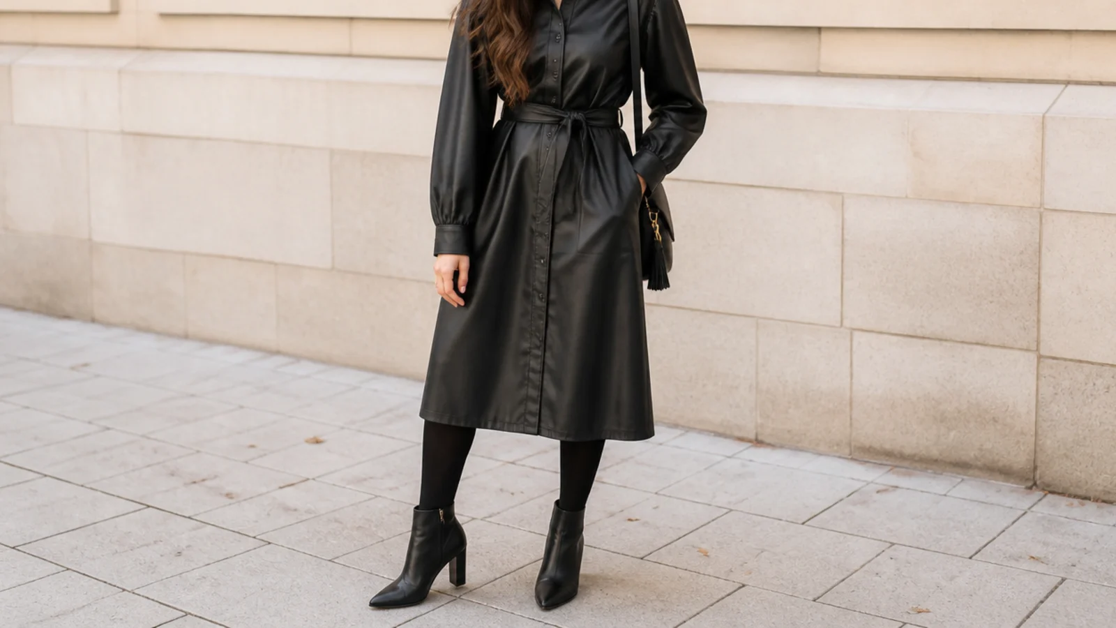 Faceless outfit with a black faux-leather midi dress, opaque tights and heeled ankle boots