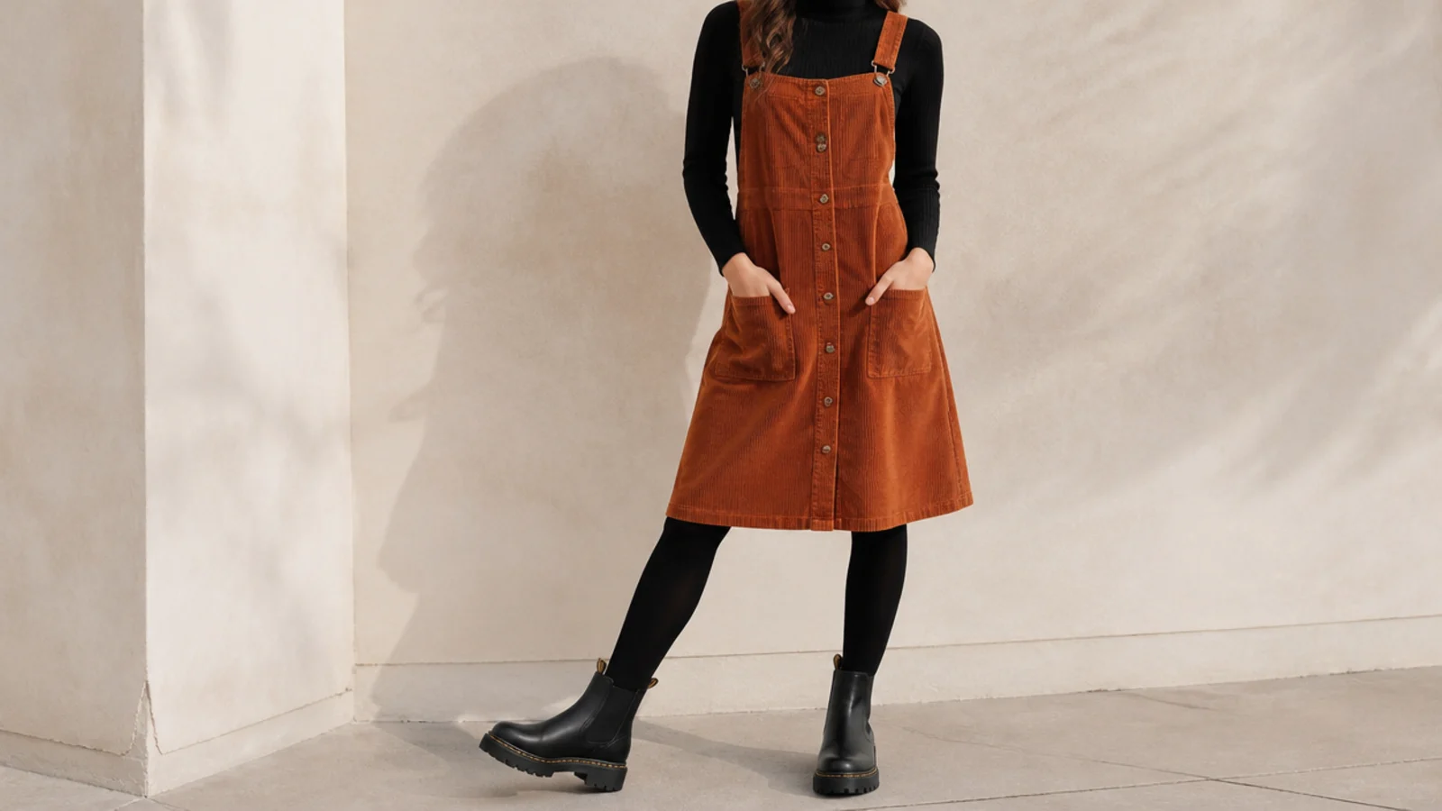 Faceless outfit with a rust corduroy pinafore dress over a black turtleneck, tights and lug-sole boots