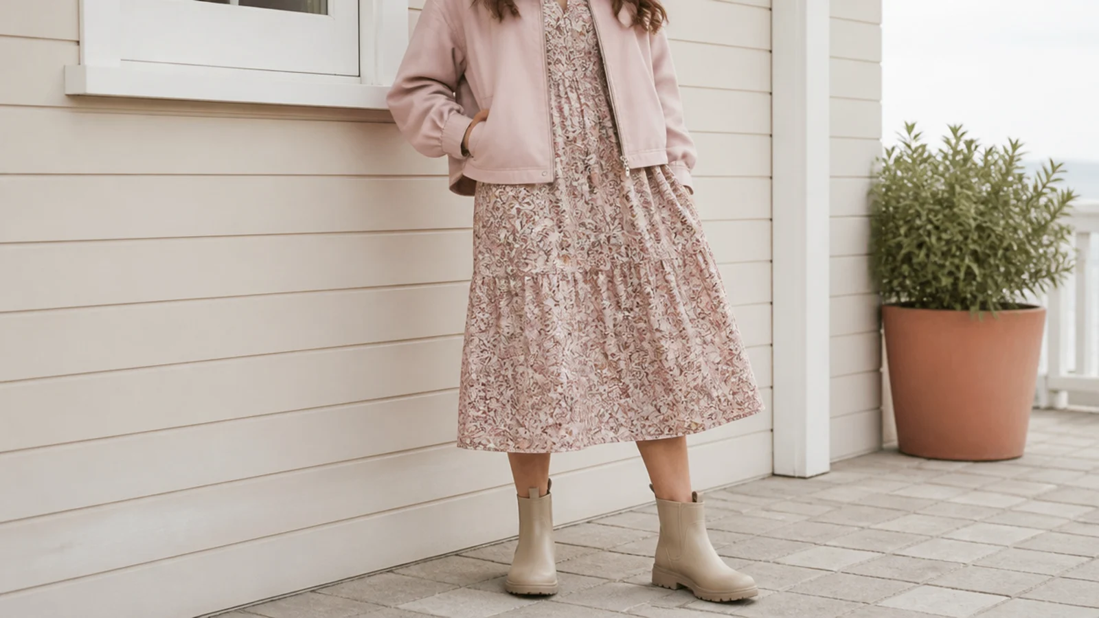 Faceless outfit with a printed long-sleeve midi dress under a cropped waterproof rain shell and boots